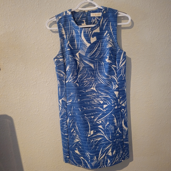 Tory Burch Blue and White Leaf Print Mini Dress - Picture 1 of 6